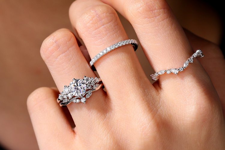 Snowdrift Round Moissanite Engagement Ring Set Cluster Bridal Ring Set
