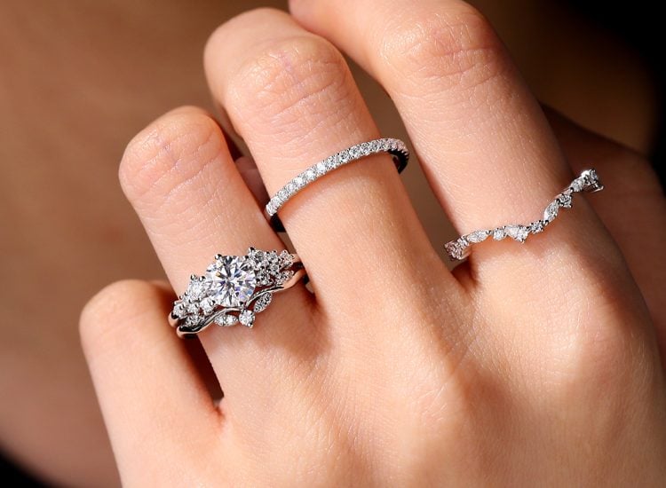 Snowdrift Round Moissanite Engagement Ring Set Cluster Bridal Ring Set