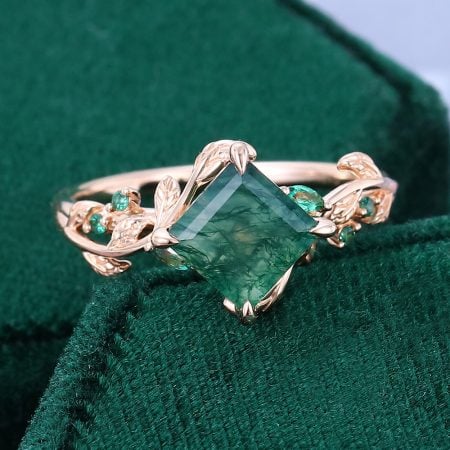 Square Cut Moss Agate Wedding Ring Leaf and Vine Promise Ring (5)
