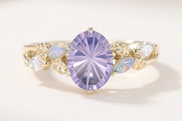Sunburst Cut Oval Lavender Amethyst Nature Inspired Engagement Ring with Leaf Accents