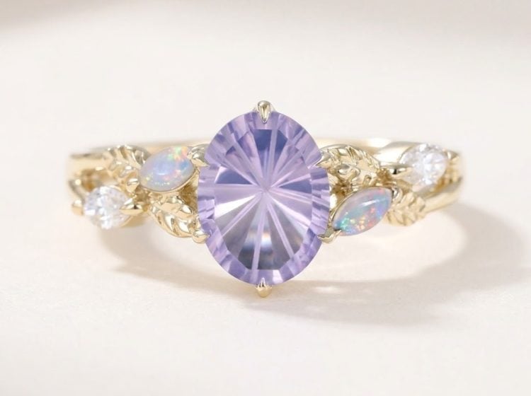 Sunburst Cut Oval Lavender Amethyst Nature Inspired Engagement Ring with Leaf Accents