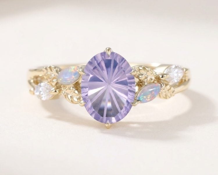 Sunburst Cut Oval Lavender Amethyst Nature Inspired Engagement Ring with Leaf Accents