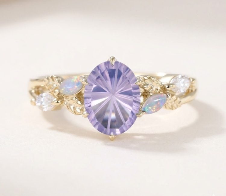 Sunburst Cut Oval Lavender Amethyst Nature Inspired Engagement Ring with Leaf Accents