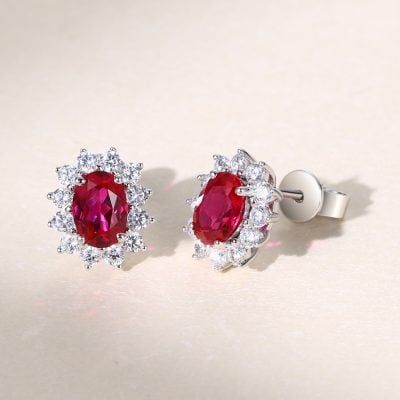 Vintage Oval Cut Ruby Sunburst Halo Stud Earrings