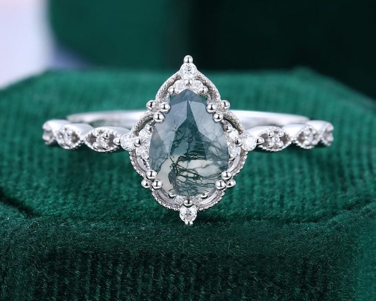 Vintage Pear Shaped Moss agate Beaded Engagement Ring