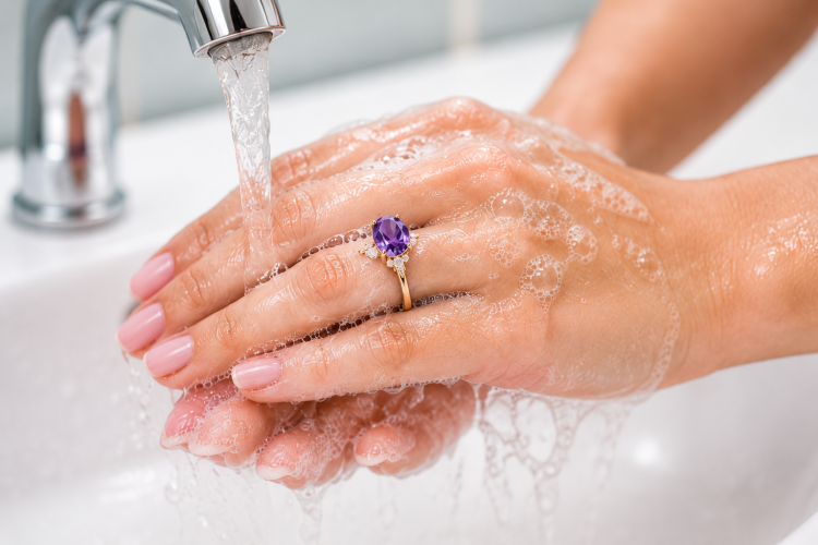 Woman washing hands while wearing a lab-created amethyst ring