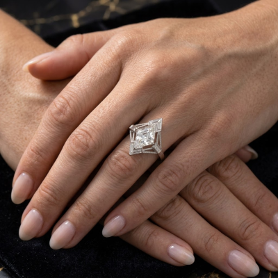 A 3 Carat Kite Cut Engagement Ring on the Hand