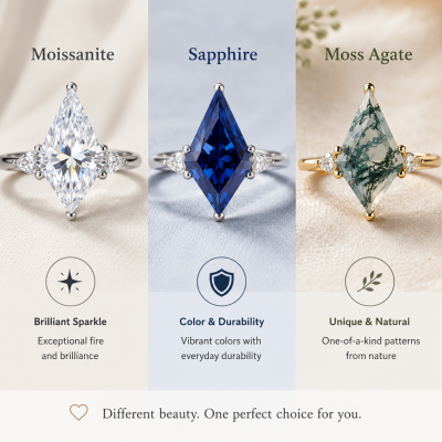 Choosing Between Kite Cut Moissanite vs Sapphire vs Moss Agate