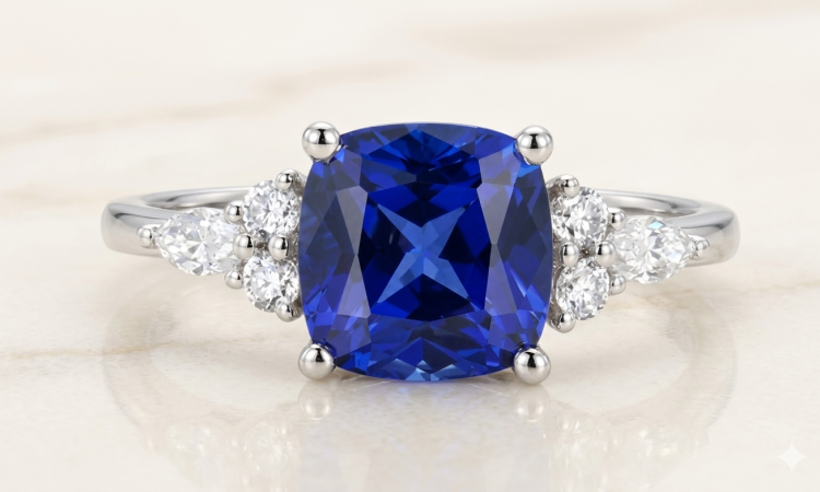 cushion cut blue sapphire engagement ring