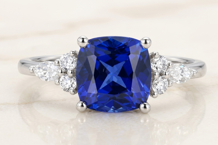 cushion cut blue sapphire engagement ring