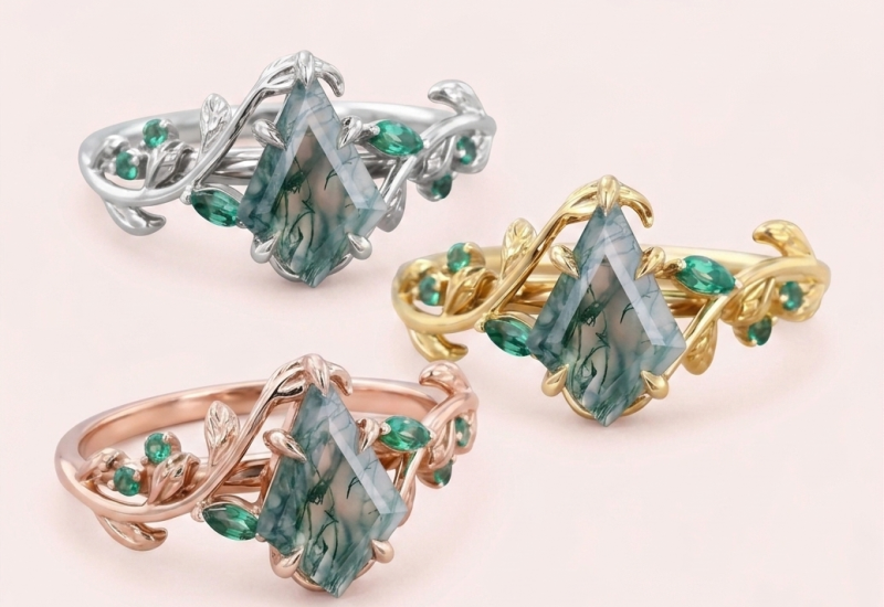 diffrent metal color moss agate rings