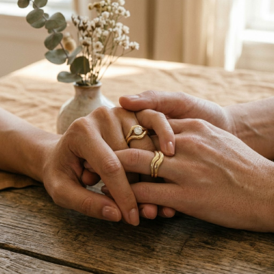 Fluid Wave-Like Engagement Rings for Two Brides