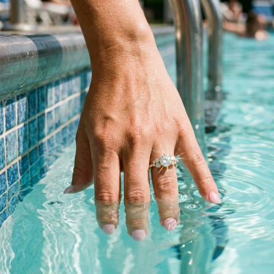 Half Carat Round Cut Moissanite Ring Exposed to Pool Wate