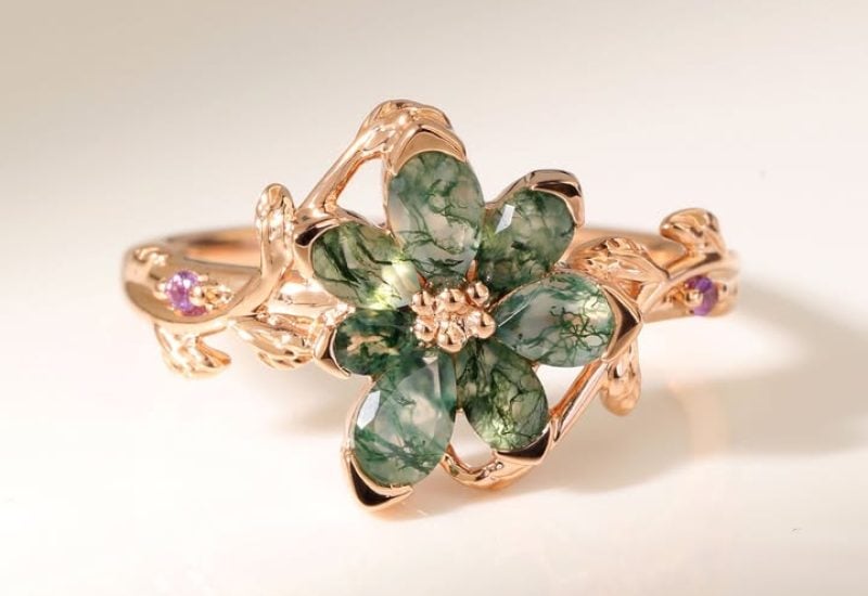 rose gold cluster moss agate ring