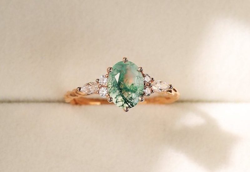 rose gold oval moss agate ring