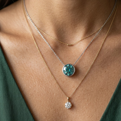 Round Cut Teal Moissanite Necklace in Bezel Setting