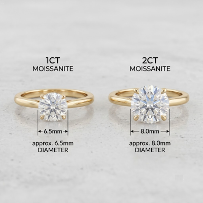 Size Difference Between 1ct and 2ct Moissanite Rings